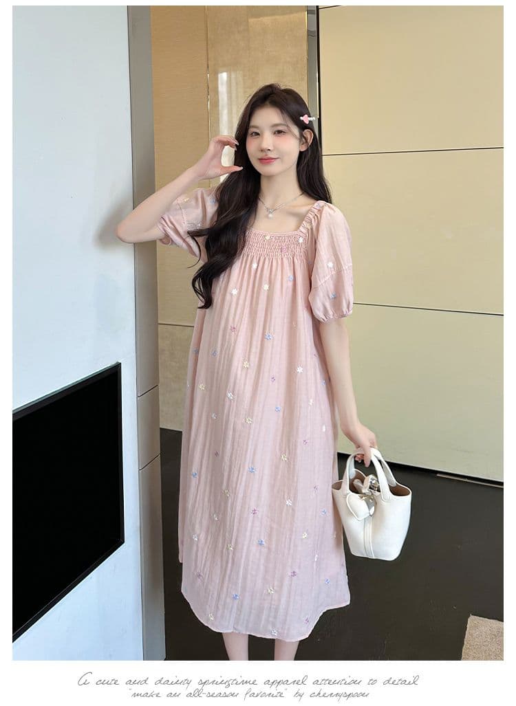 실사 출산 착용 드레스 여름 드레스 2026 새로운 자수 꽃무늬 쉬폰 스커트 중간 길이 광장 칼라 치마 상세 이미지 11