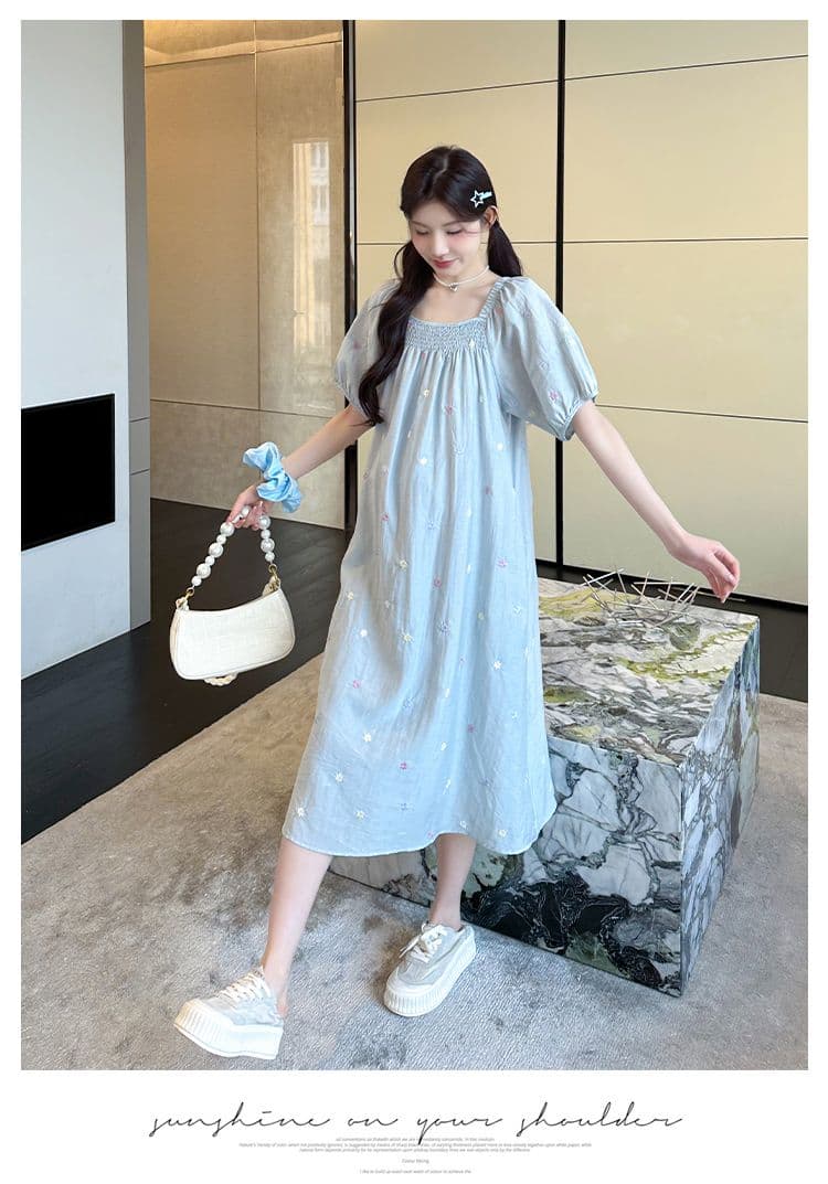 실사 출산 착용 드레스 여름 드레스 2026 새로운 자수 꽃무늬 쉬폰 스커트 중간 길이 광장 칼라 치마 상세 이미지 15