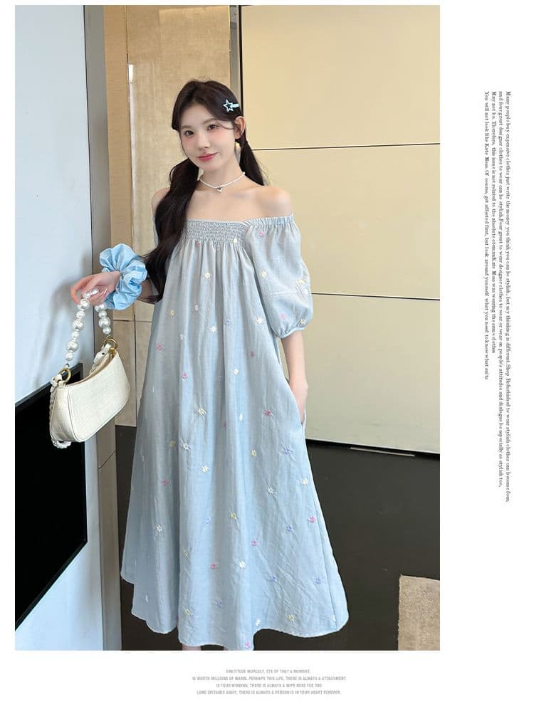 실사 출산 착용 드레스 여름 드레스 2026 새로운 자수 꽃무늬 쉬폰 스커트 중간 길이 광장 칼라 치마 상세 이미지 17