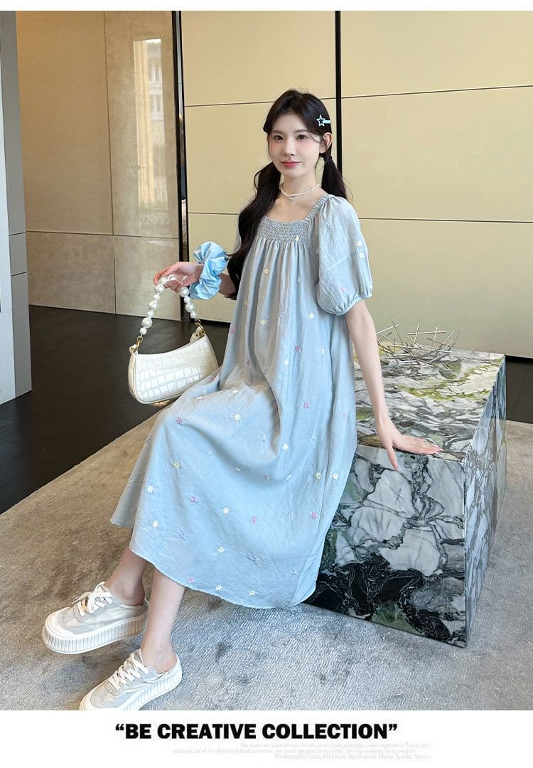 실사 출산 착용 드레스 여름 드레스 2026 새로운 자수 꽃무늬 쉬폰 스커트 중간 길이 광장 칼라 치마 상세 이미지 18