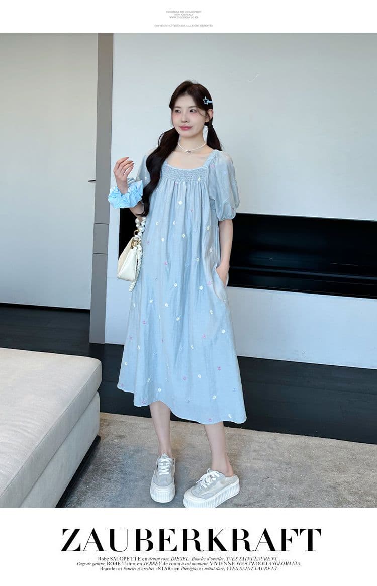 실사 출산 착용 드레스 여름 드레스 2026 새로운 자수 꽃무늬 쉬폰 스커트 중간 길이 광장 칼라 치마 상세 이미지 19