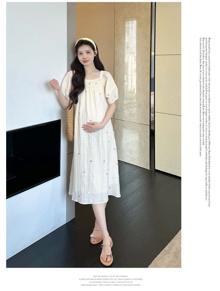 실사 출산 착용 드레스 여름 드레스 2026 새로운 자수 꽃무늬 쉬폰 스커트 중간 길이 광장 칼라 치마 상세 이미지 22