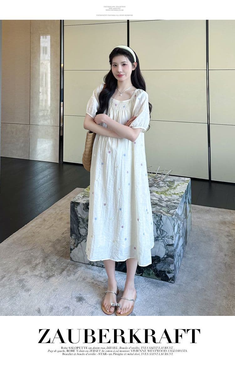 실사 출산 착용 드레스 여름 드레스 2026 새로운 자수 꽃무늬 쉬폰 스커트 중간 길이 광장 칼라 치마 상세 이미지 24
