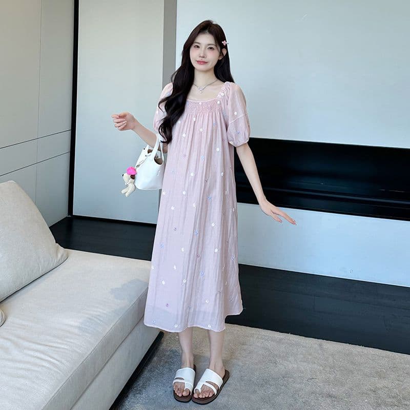 실사 출산 착용 드레스 여름 드레스 2026 새로운 자수 꽃무늬 쉬폰 스커트 중간 길이 광장 칼라 치마 상세 이미지 28