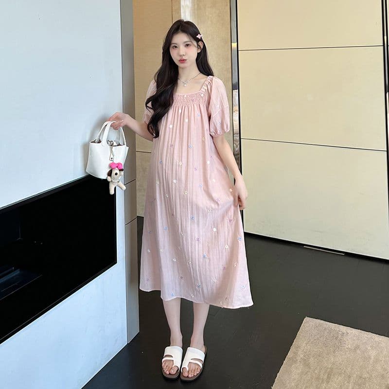 실사 출산 착용 드레스 여름 드레스 2026 새로운 자수 꽃무늬 쉬폰 스커트 중간 길이 광장 칼라 치마 상세 이미지 30