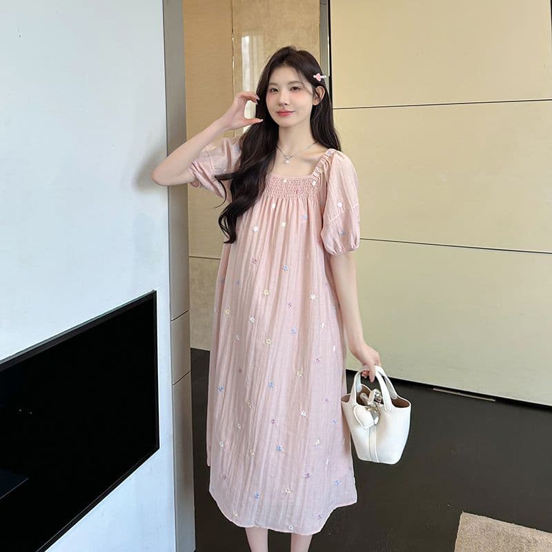 실사 출산 착용 드레스 여름 드레스 2026 새로운 자수 꽃무늬 쉬폰 스커트 중간 길이 광장 칼라 치마 상세 이미지 31
