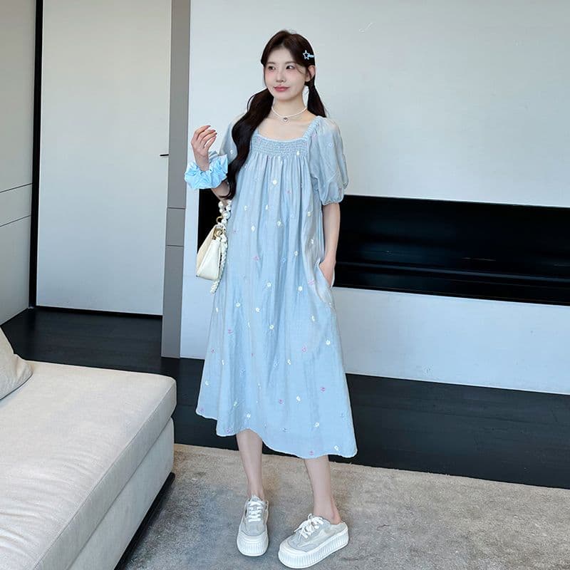 실사 출산 착용 드레스 여름 드레스 2026 새로운 자수 꽃무늬 쉬폰 스커트 중간 길이 광장 칼라 치마 상세 이미지 35