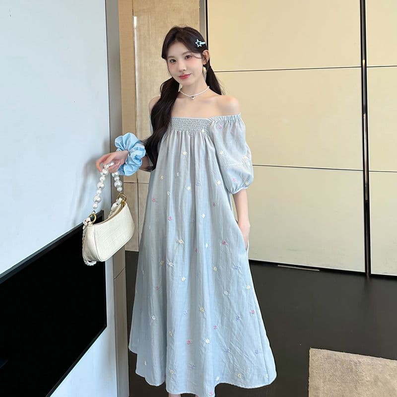 실사 출산 착용 드레스 여름 드레스 2026 새로운 자수 꽃무늬 쉬폰 스커트 중간 길이 광장 칼라 치마 상세 이미지 38