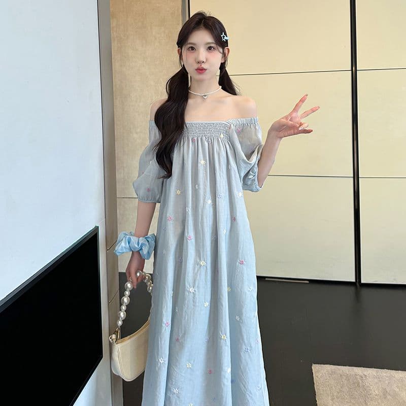 실사 출산 착용 드레스 여름 드레스 2026 새로운 자수 꽃무늬 쉬폰 스커트 중간 길이 광장 칼라 치마 상세 이미지 39