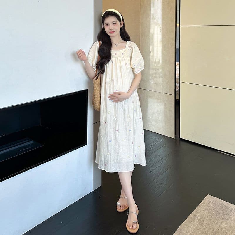 실사 출산 착용 드레스 여름 드레스 2026 새로운 자수 꽃무늬 쉬폰 스커트 중간 길이 광장 칼라 치마 상세 이미지 46