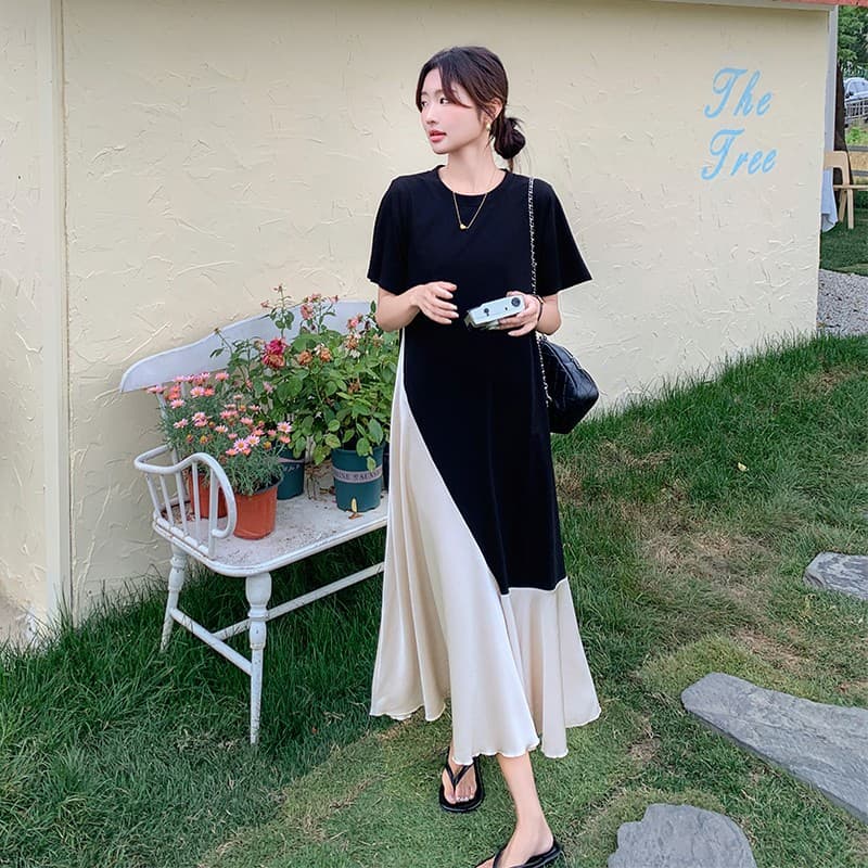 한국 스타일 임산부 여름 드레스 2026 새로운 출산 착용 패치워크 페이크 레이어드 중간 길이 임산부 슬림해 보이는 치마 이미지 3