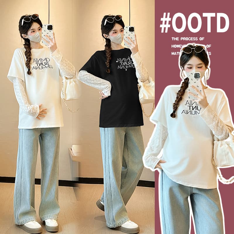 실사 높은 탄력성 순면 임산부 가을 겨울 맨위 2026 새로운 페이크 레이어드 봄 가을 루즈핏 캐주얼 동정 이미지 4