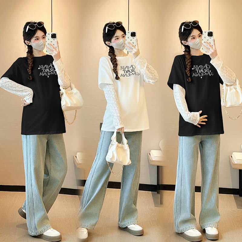 실사 높은 탄력성 순면 임산부 가을 겨울 맨위 2026 새로운 페이크 레이어드 봄 가을 루즈핏 캐주얼 동정 상세 이미지 23
