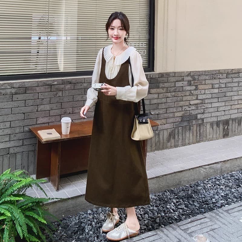 출산 착용 가을 겨울 드레스 2026 새로운 루즈핏 슬림해 보이는 임산부 빅 사이즈 조끼 중간 길이 투피스 세트 이미지 4