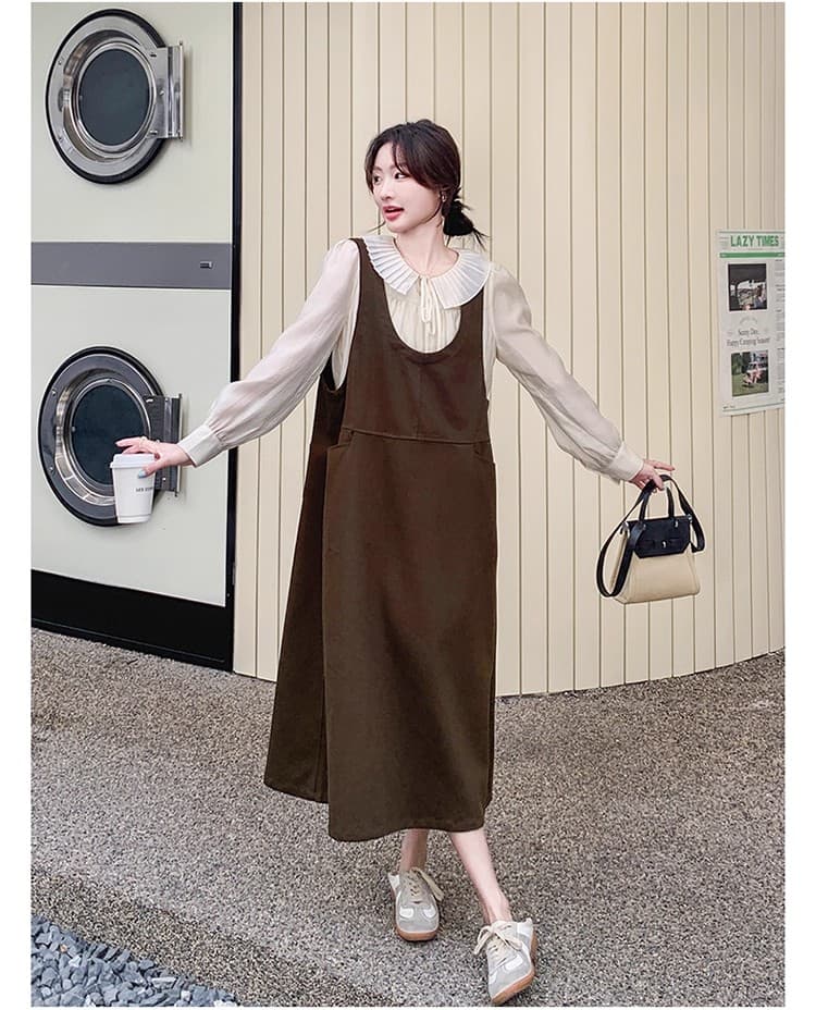 출산 착용 가을 겨울 드레스 2026 새로운 루즈핏 슬림해 보이는 임산부 빅 사이즈 조끼 중간 길이 투피스 세트 상세 이미지 13