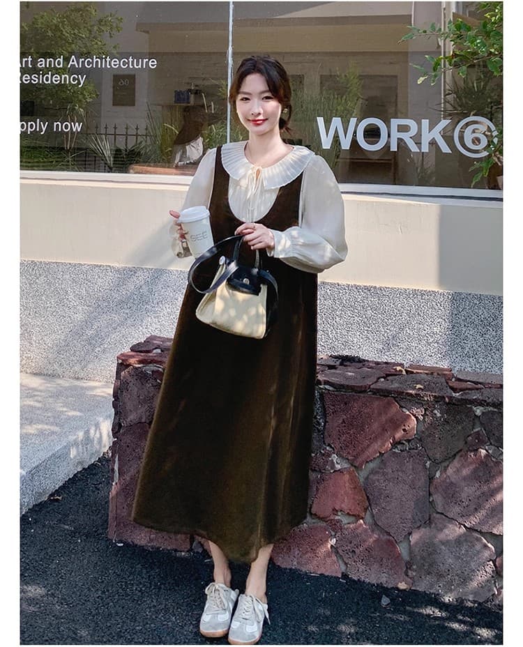 출산 착용 가을 겨울 드레스 2026 새로운 루즈핏 슬림해 보이는 임산부 빅 사이즈 조끼 중간 길이 투피스 세트 상세 이미지 19