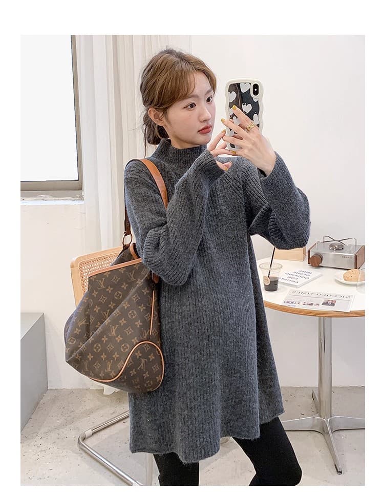 임산부 스웨터 가을 겨울 반하이넥 풀오버 중간 길이 루즈핏 빅 사이즈 느긋한 바람 부드럽다 두꺼운 기본 셔츠 맨위 상세 이미지 18