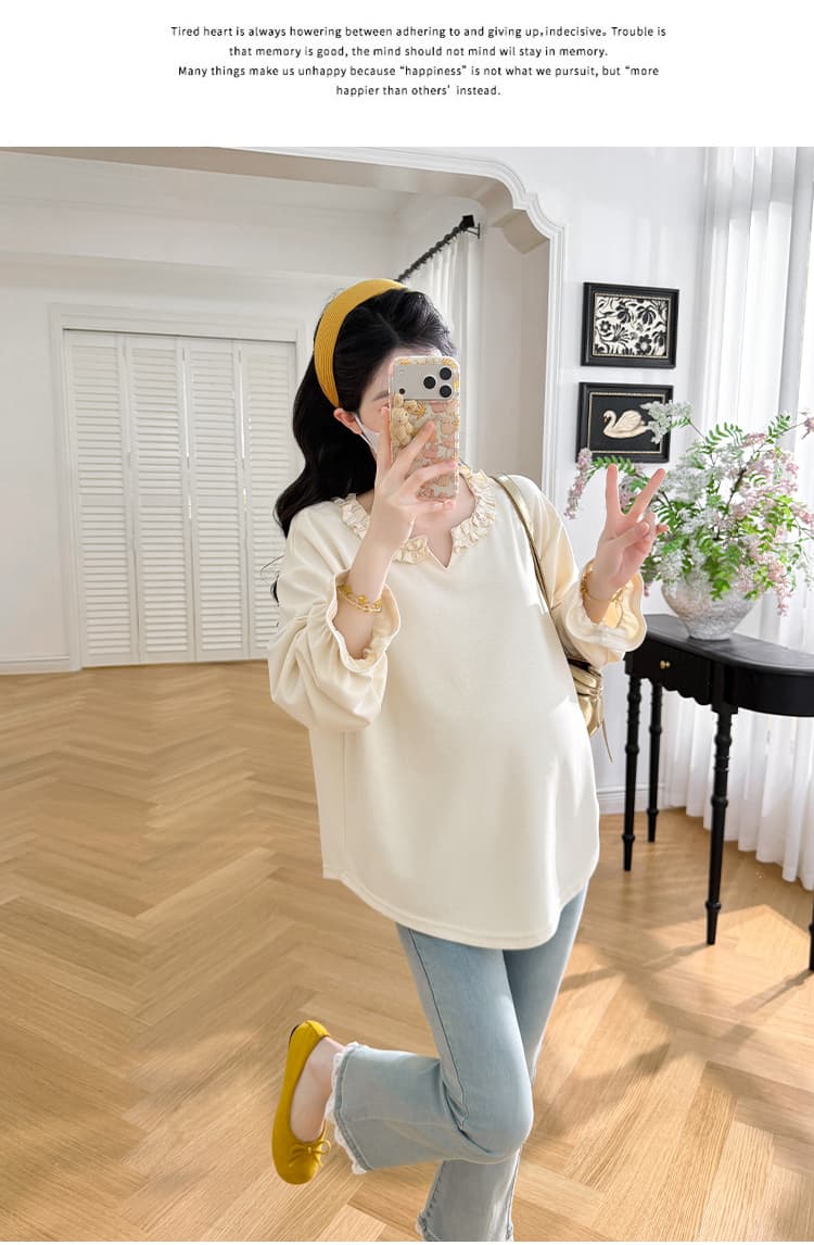 실사 임산부 긴팔 봄과 가을 옷 2026 년 새로운 패션 연령 감소 루즈핏 프릴 나팔 소매 임산부 동정 상세 이미지 16