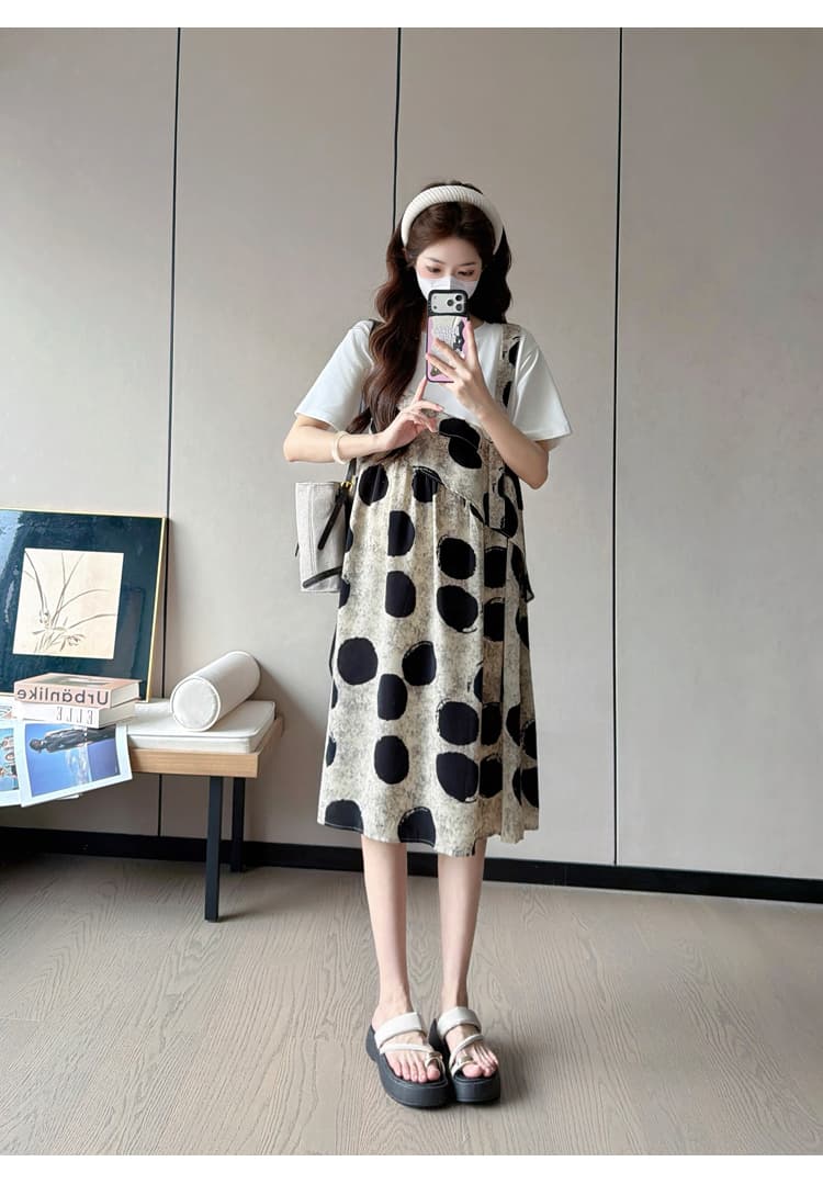 실사 출산 착용 드레스 여름 드레스 새로운 패치워크 가짜 2 피스 슈트 치마 쉬폰 도트 무늬 쉬폰 스커트 2026 상세 이미지 20