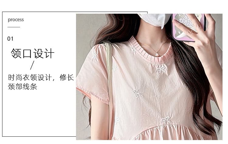 실사 있음 선적 출산 착용 드레스 여름 드레스 새로운 나비 매듭 자수 플리츠 칼라 치마 루즈핏 출산 착용 상세 이미지 6