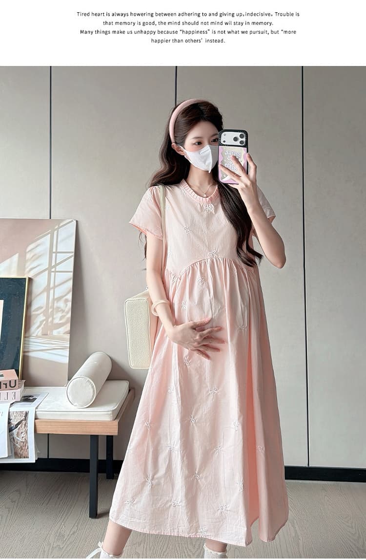 실사 있음 선적 출산 착용 드레스 여름 드레스 새로운 나비 매듭 자수 플리츠 칼라 치마 루즈핏 출산 착용 상세 이미지 16