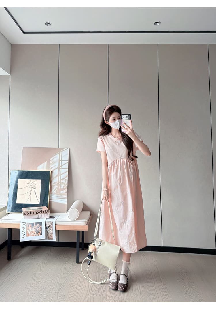 실사 있음 선적 출산 착용 드레스 여름 드레스 새로운 나비 매듭 자수 플리츠 칼라 치마 루즈핏 출산 착용 상세 이미지 22