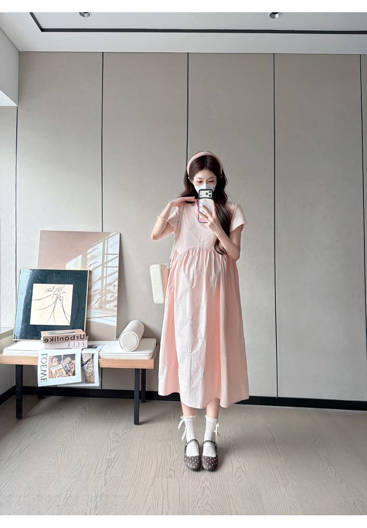 실사 있음 선적 출산 착용 드레스 여름 드레스 새로운 나비 매듭 자수 플리츠 칼라 치마 루즈핏 출산 착용 상세 이미지 23