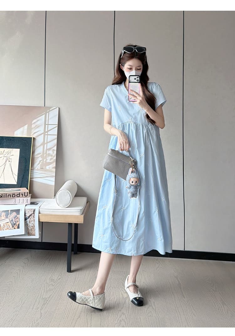 실사 있음 선적 출산 착용 드레스 여름 드레스 새로운 나비 매듭 자수 플리츠 칼라 치마 루즈핏 출산 착용 상세 이미지 24