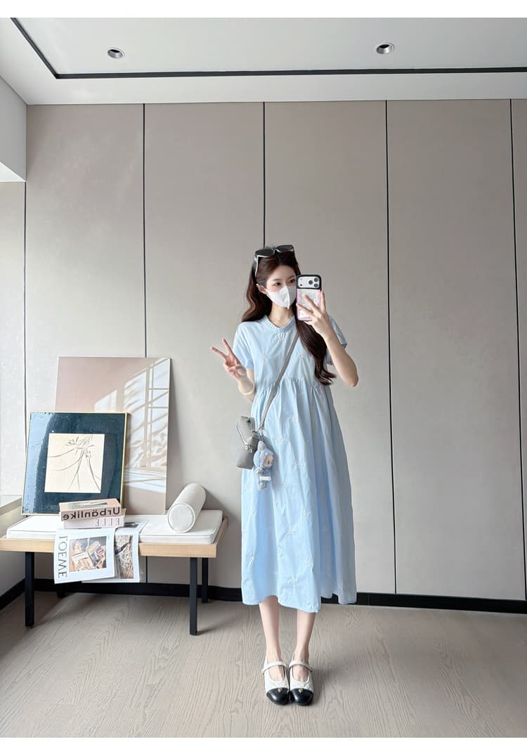 실사 있음 선적 출산 착용 드레스 여름 드레스 새로운 나비 매듭 자수 플리츠 칼라 치마 루즈핏 출산 착용 상세 이미지 32
