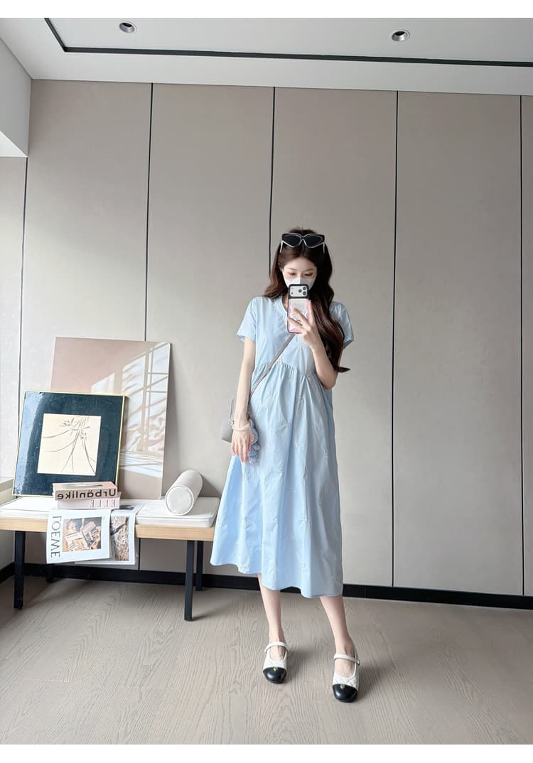 실사 있음 선적 출산 착용 드레스 여름 드레스 새로운 나비 매듭 자수 플리츠 칼라 치마 루즈핏 출산 착용 상세 이미지 33
