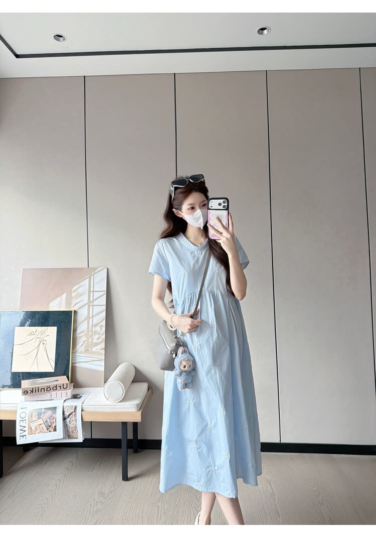 실사 있음 선적 출산 착용 드레스 여름 드레스 새로운 나비 매듭 자수 플리츠 칼라 치마 루즈핏 출산 착용 상세 이미지 34