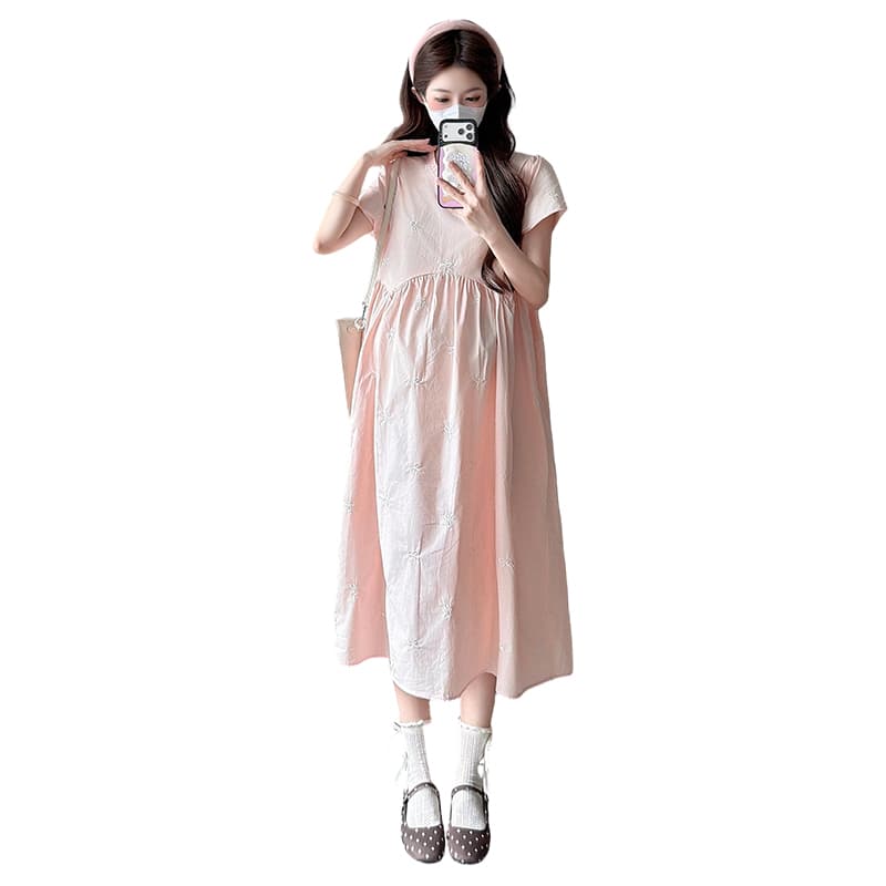 실사 있음 선적 출산 착용 드레스 여름 드레스 새로운 나비 매듭 자수 플리츠 칼라 치마 루즈핏 출산 착용 상세 이미지 39