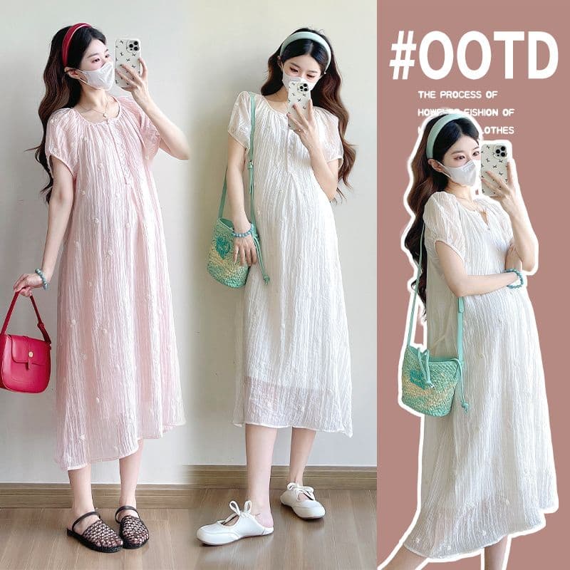 실사 출산 착용 드레스 여름 드레스 2026 새로운 쉬폰 자수 치마 루즈핏 세련된 임산부 치마 이미지 4