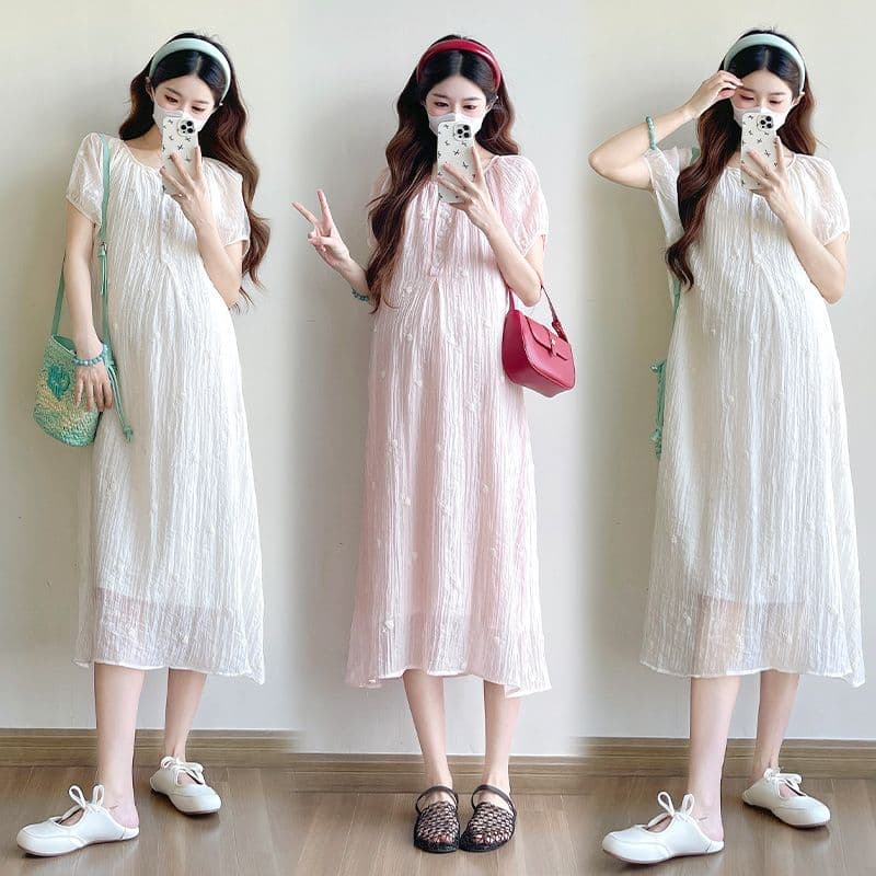 실사 출산 착용 드레스 여름 드레스 2026 새로운 쉬폰 자수 치마 루즈핏 세련된 임산부 치마 이미지 2