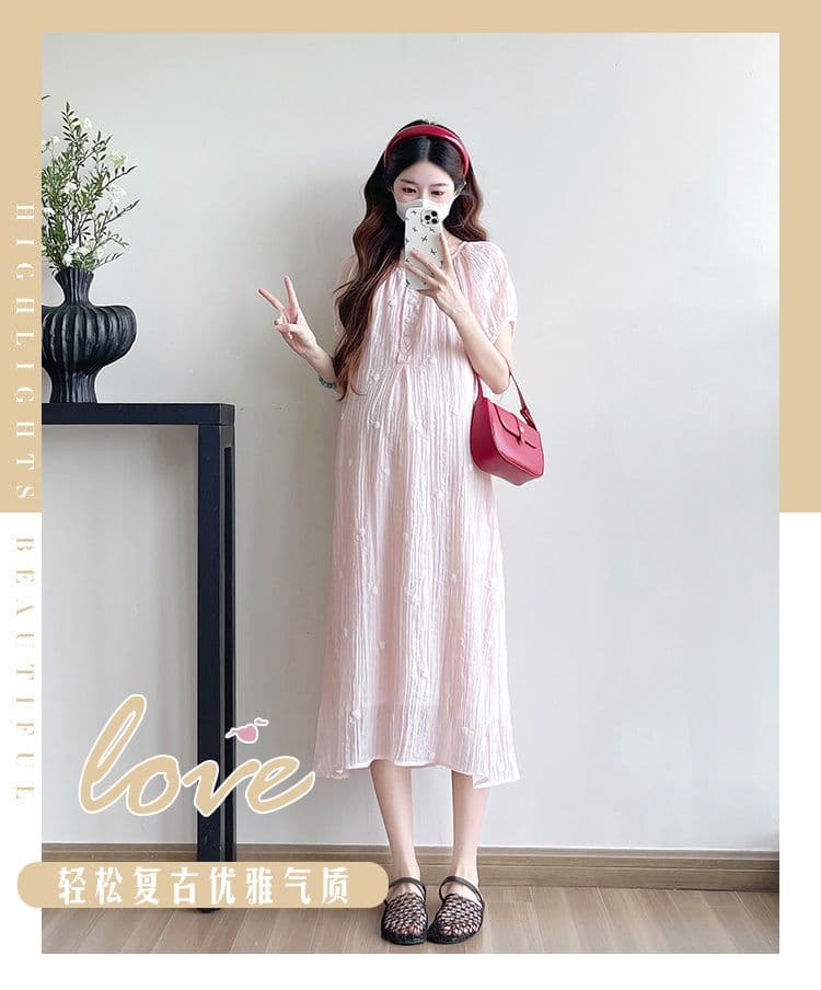 실사 출산 착용 드레스 여름 드레스 2026 새로운 쉬폰 자수 치마 루즈핏 세련된 임산부 치마 상세 이미지 1
