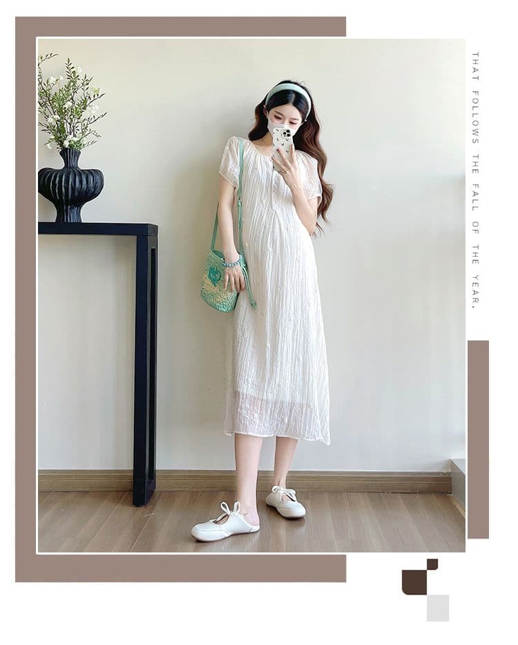 실사 출산 착용 드레스 여름 드레스 2026 새로운 쉬폰 자수 치마 루즈핏 세련된 임산부 치마 상세 이미지 4