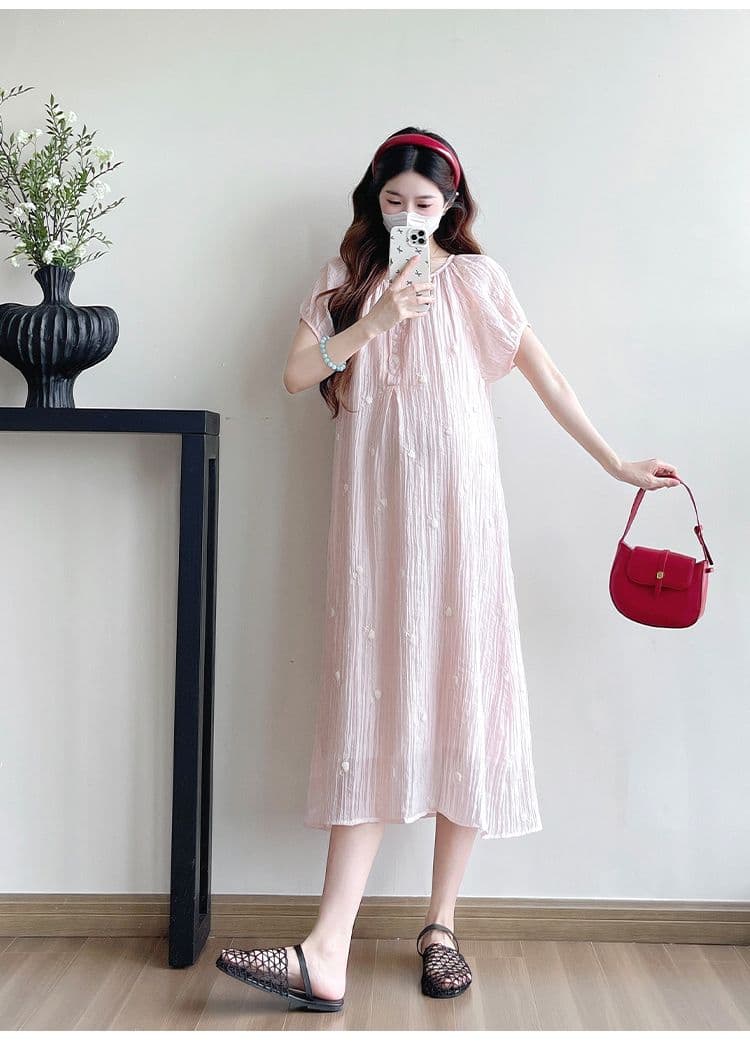 실사 출산 착용 드레스 여름 드레스 2026 새로운 쉬폰 자수 치마 루즈핏 세련된 임산부 치마 상세 이미지 13