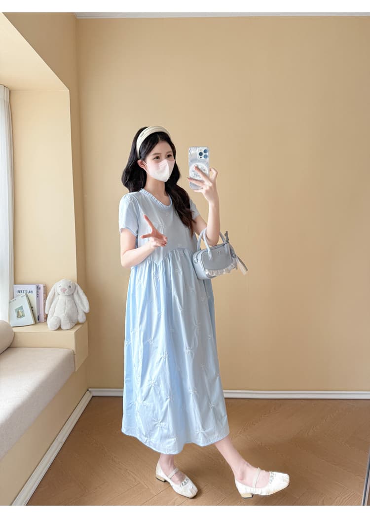실사 있음 선적 출산 착용 드레스 여름 드레스 새로운 나비 매듭 자수 플리츠 칼라 치마 루즈핏 중간 길이 상세 이미지 17