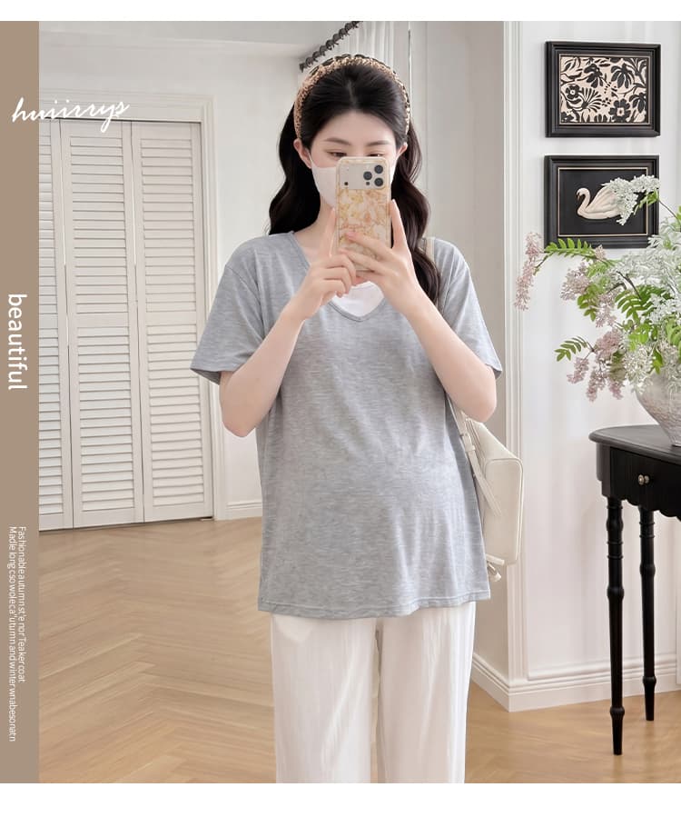 실사 출산 착용 여름 드레스 반팔 동정 면 반팔 티셔츠 여름 새로운 트렌디 단색 페이크 레이어드 V넥 맨위 임산부 상세 이미지 5