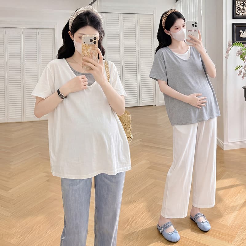 실사 출산 착용 여름 드레스 반팔 동정 면 반팔 티셔츠 여름 새로운 트렌디 단색 페이크 레이어드 V넥 맨위 임산부 상세 이미지 26