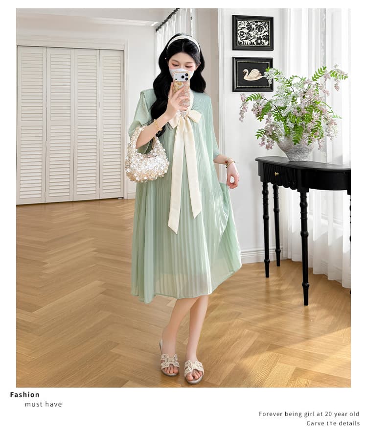 실사 출산 착용 드레스 2026 여름 새로운 쉬폰 리본 나비 매듭 폴딩 임산부 치마 상세 이미지 20
