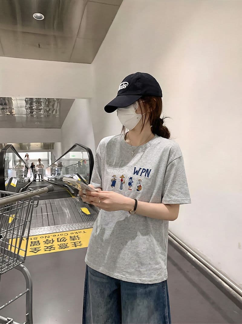 출산 착용 여름 드레스 순면 반팔 티셔츠 2026 새로운 여름 트렌디 새로운 루즈핏 가시 자수 라운드 넥 맨위 상세 이미지 14