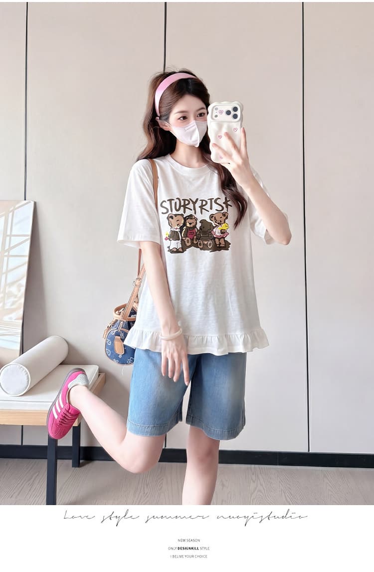 실사 임산부 반팔 세트 여름 작은 키 투피스 세트 루즈핏 얇은 스타일 티셔츠 루즈핏 표지 배 맨위 바지 상세 이미지 17