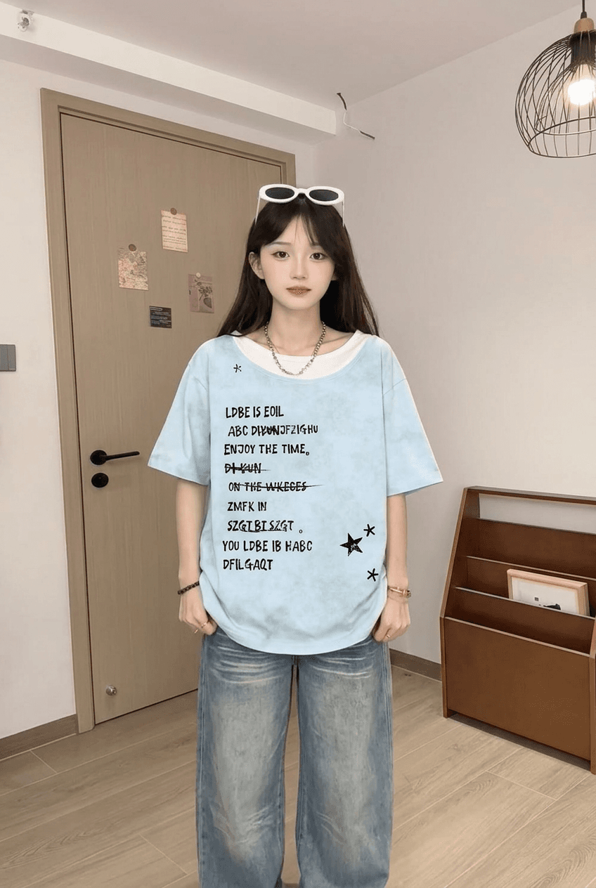 출산 착용 여름 드레스 알파벳 프린트 배색 패치워크 반팔 티셔츠 여름 홀치기 염색 워시 물 순면 페이크 레이어드 맨위 이미지 2