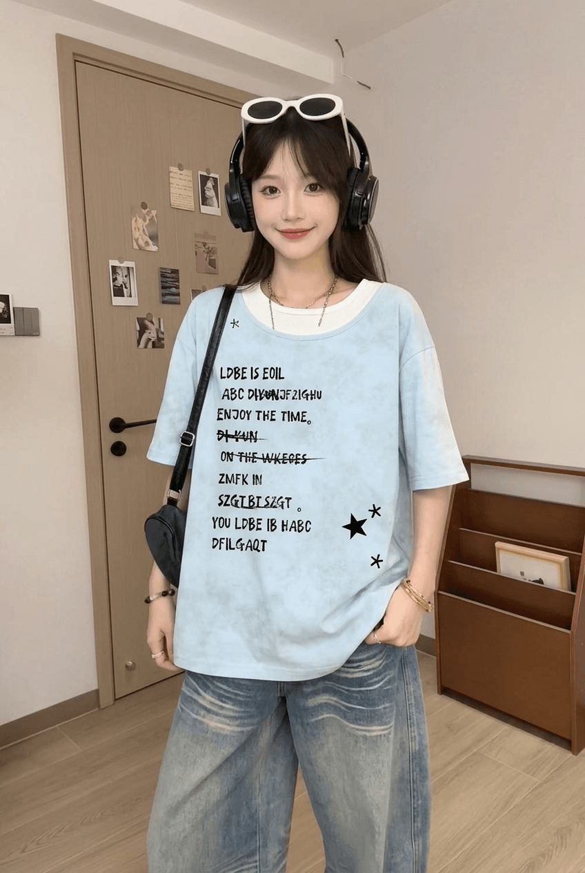 출산 착용 여름 드레스 알파벳 프린트 배색 패치워크 반팔 티셔츠 여름 홀치기 염색 워시 물 순면 페이크 레이어드 맨위 상세 이미지 2