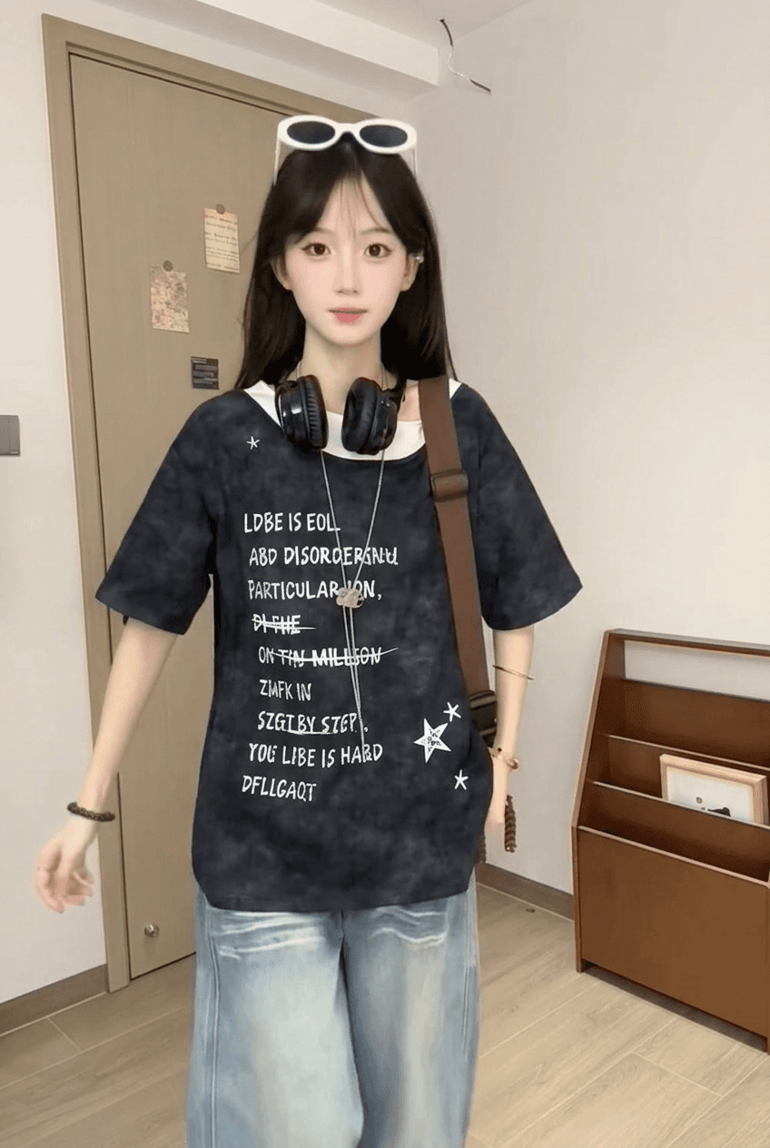 출산 착용 여름 드레스 알파벳 프린트 배색 패치워크 반팔 티셔츠 여름 홀치기 염색 워시 물 순면 페이크 레이어드 맨위 상세 이미지 7