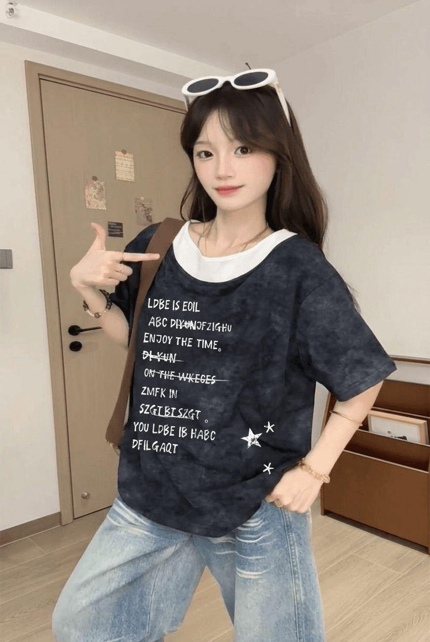 출산 착용 여름 드레스 알파벳 프린트 배색 패치워크 반팔 티셔츠 여름 홀치기 염색 워시 물 순면 페이크 레이어드 맨위 상세 이미지 8