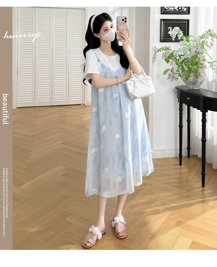 실사 출산 착용 여름 드레스 2026 새로운 트렌디 엄마 임신 기간 착용 가져 가라. 프랑스식 페이크 레이어드 꽃무늬 치마 출산 스커트 상세 이미지 5
