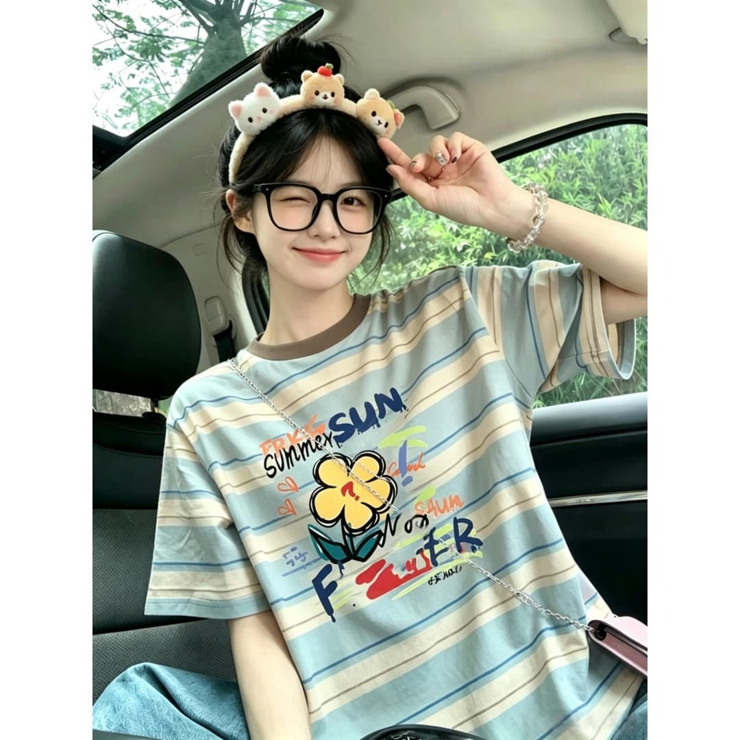 원본 컬러 짜임 기사 임산부 여름 드레스 디자인 센스 외국 가스 연령 감소 스트라이프 반팔 티셔츠 2026 여름 새로운 맨위 이미지 2