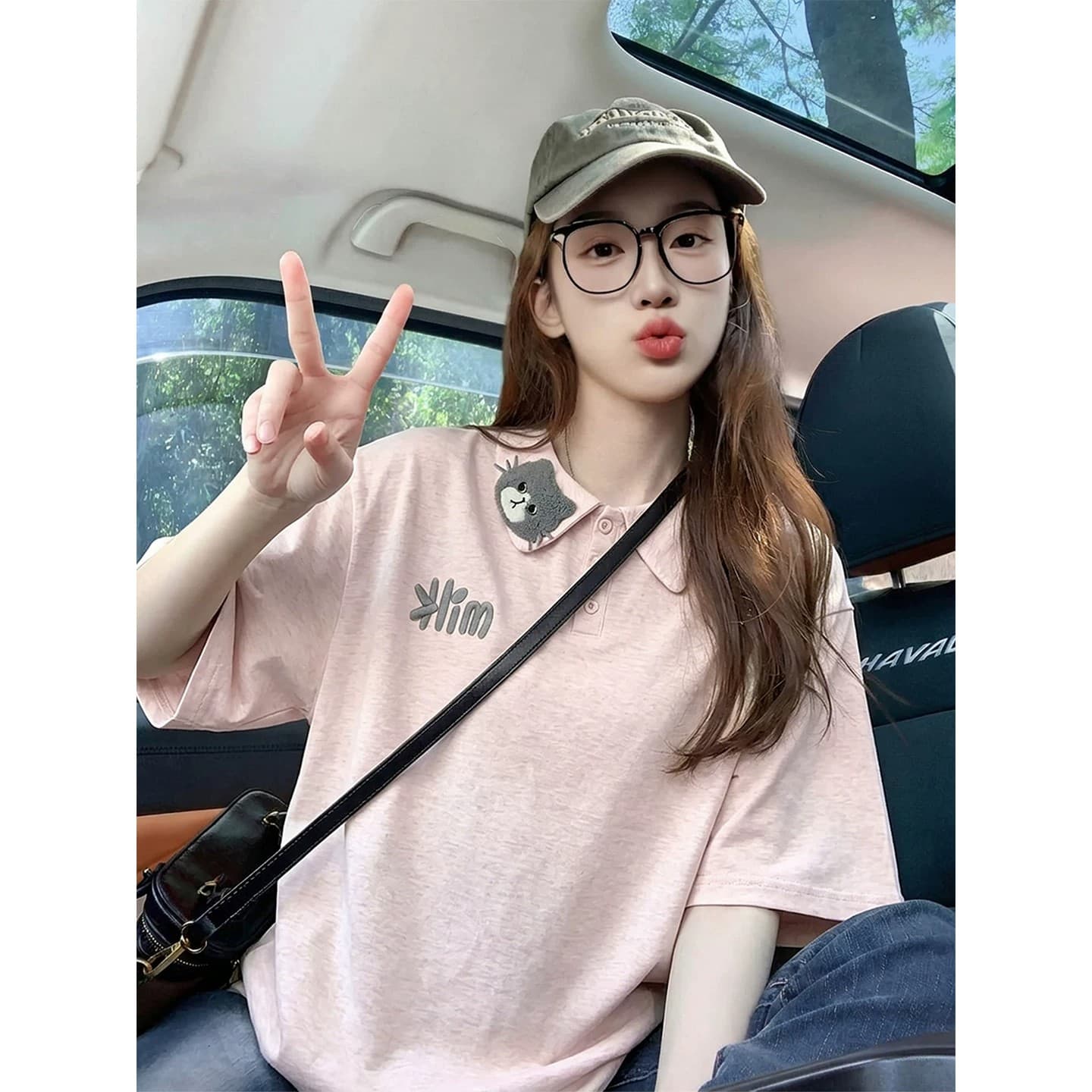 새끼 고양이 자수 패치 POLO 셔츠 반팔 티셔츠 출산 착용 여름 루즈핏 다용도 학원 스타일 폴로 칼라 맨위 상세 이미지 3